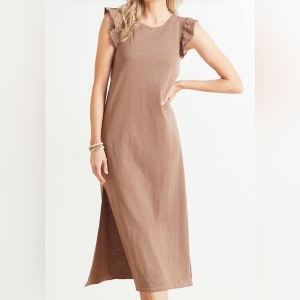 Z Supply Blakely Ruffle 100% Cotton Side Slit Dress In Brown/Mauve Size XS